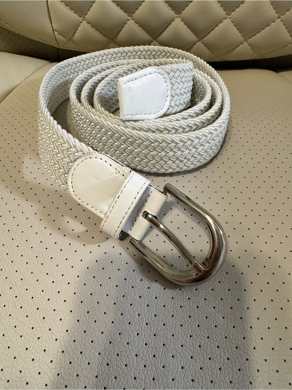 White Braided Stretch Belt Silver Buckle 53” - Picture 2 of 4